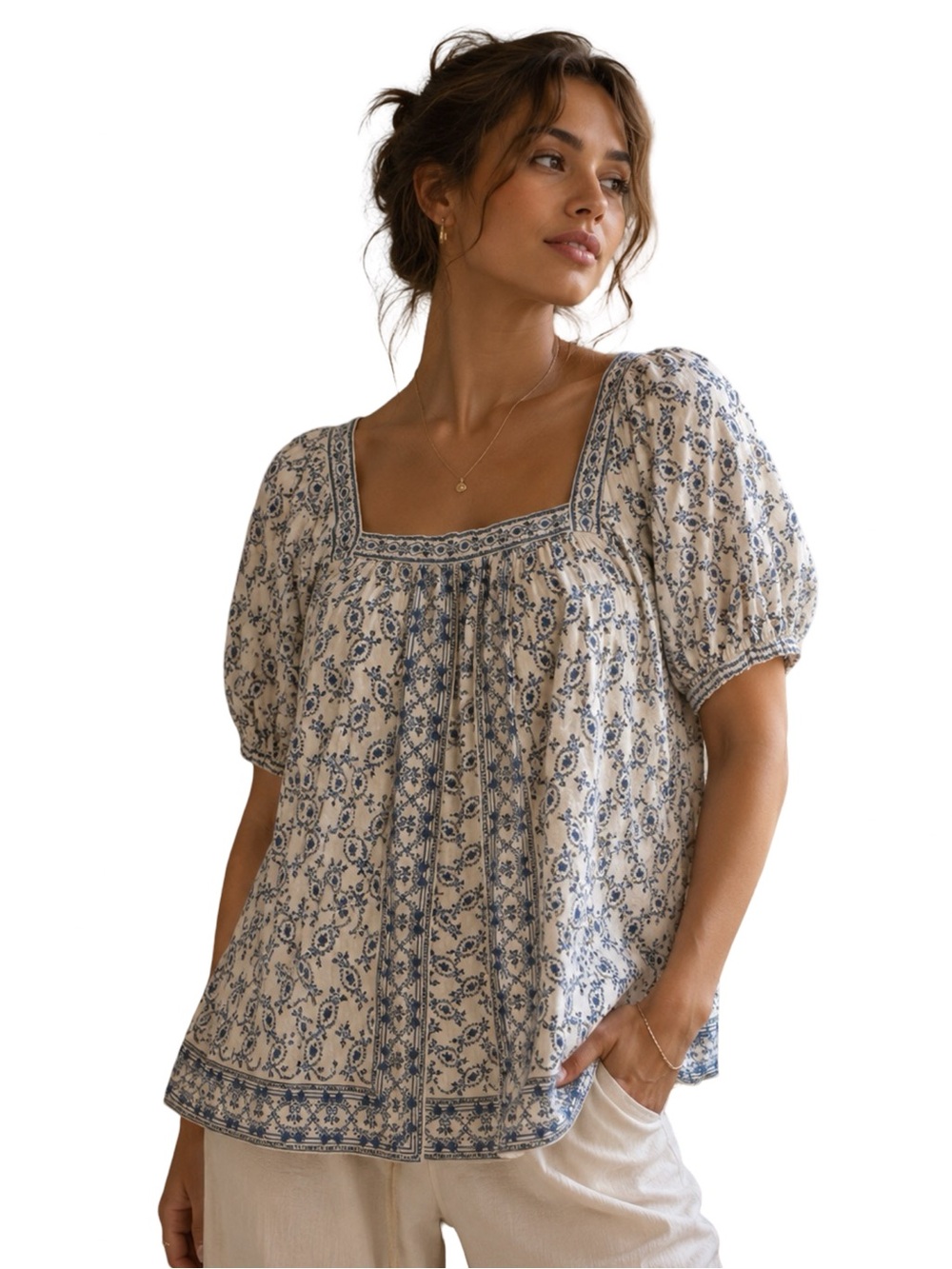 Max Studio White & Blue Floral Puff Sleeve Blouse | Doen Look Alike Boho Cottage